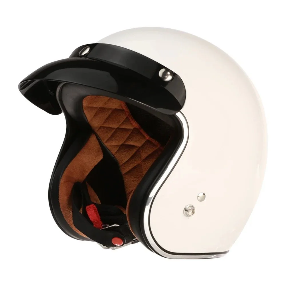 Close-up of a modern, half-shell motorcycle helmet with a black exterior, white shell, and brown interior lining.