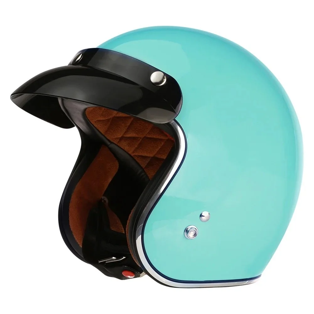 A retro-style motorcycle helmet with a blue glossy exterior, black visor, and brown quilted interior lining.