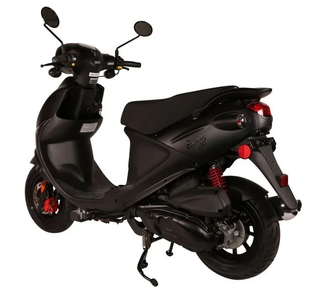 Black Buddy 170i scooter with red accents, seat, handlebars, and rear suspension.