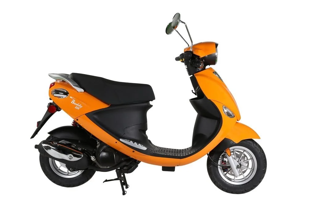 Orange and black scooter with a black seat, chrome handlebars, and silver wheels.