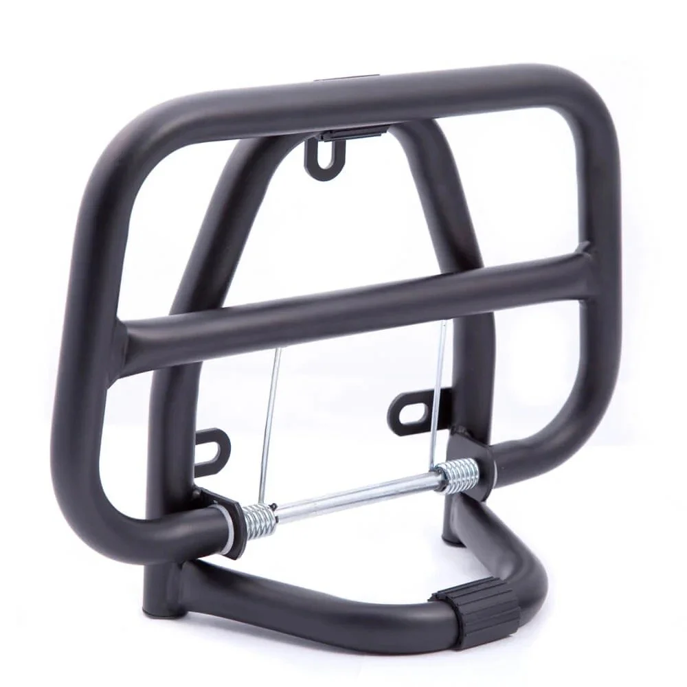 A black metal bike rack with a horizontal bar and a locking mechanism.