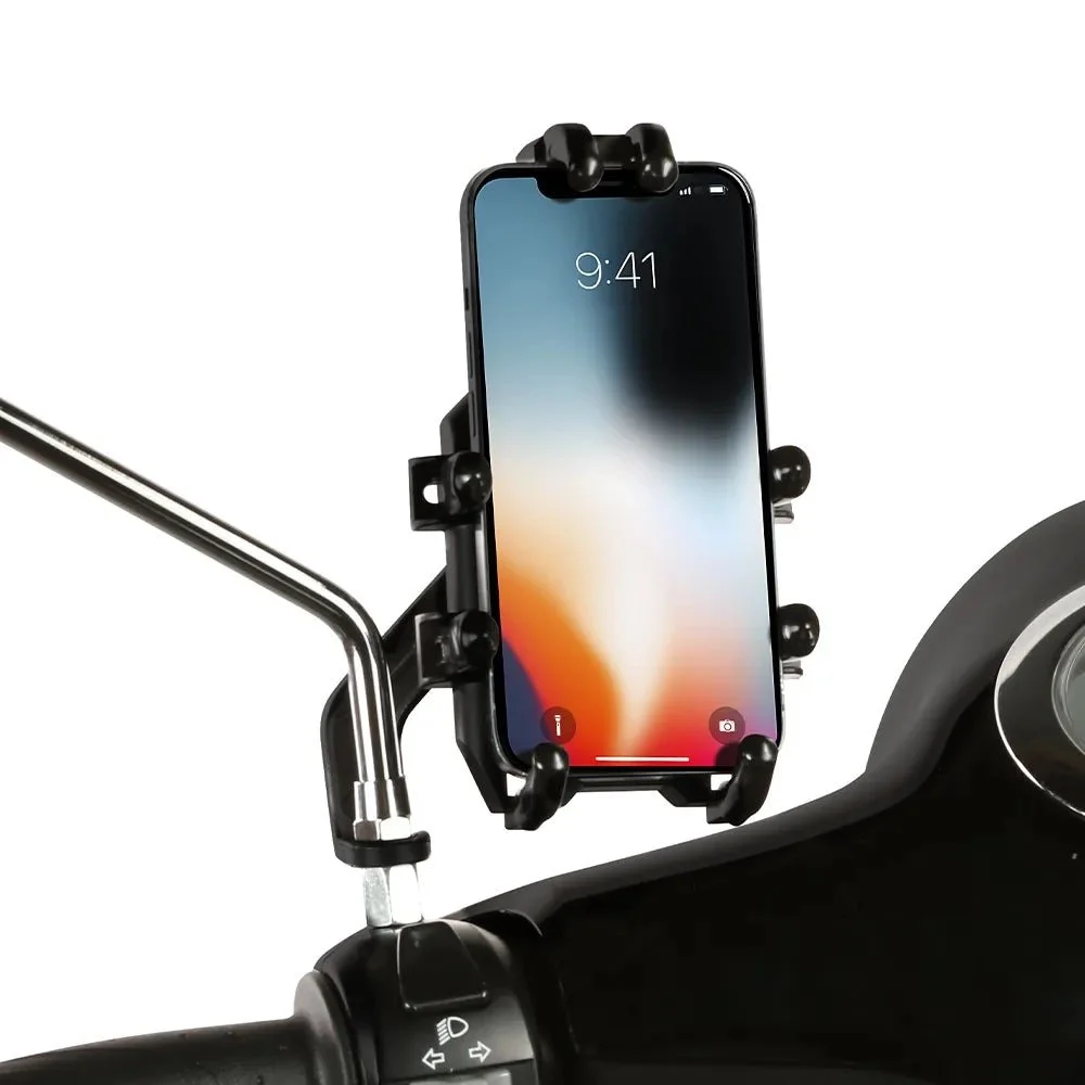 A smartphone mounted on a motorcycle handlebar holder with a white background.