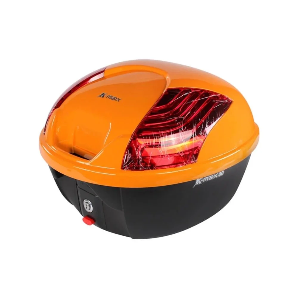 Orange and black motorcycle top case with a red tail light