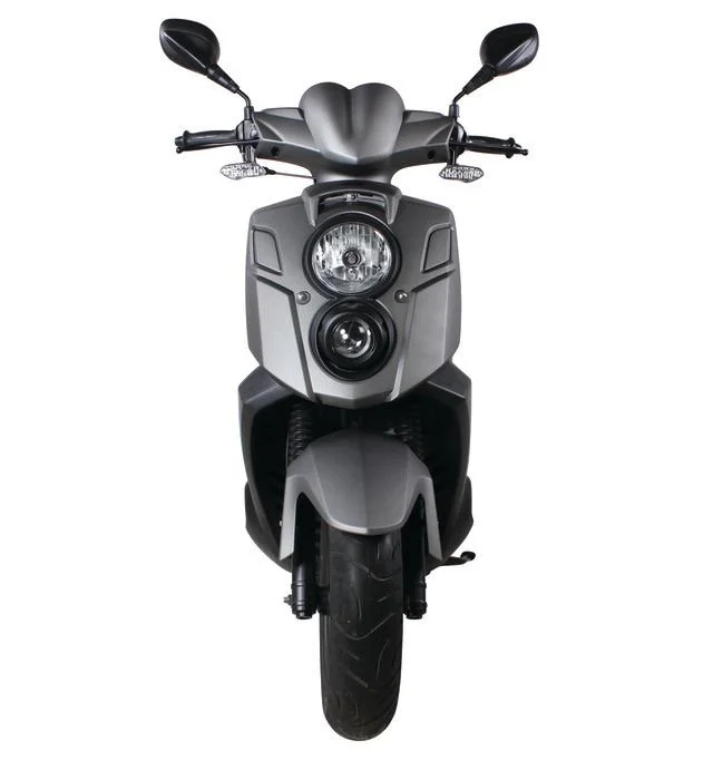 Front view of a modern gray electric scooter with a large headlight, speaker, and mirrors.