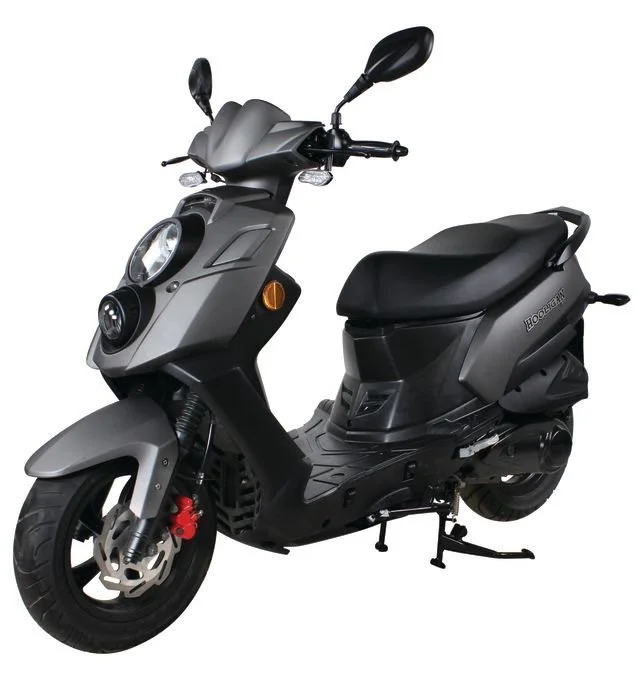 Gray electric scooter with black seat and handlebars, front headlight, and rearview mirrors.