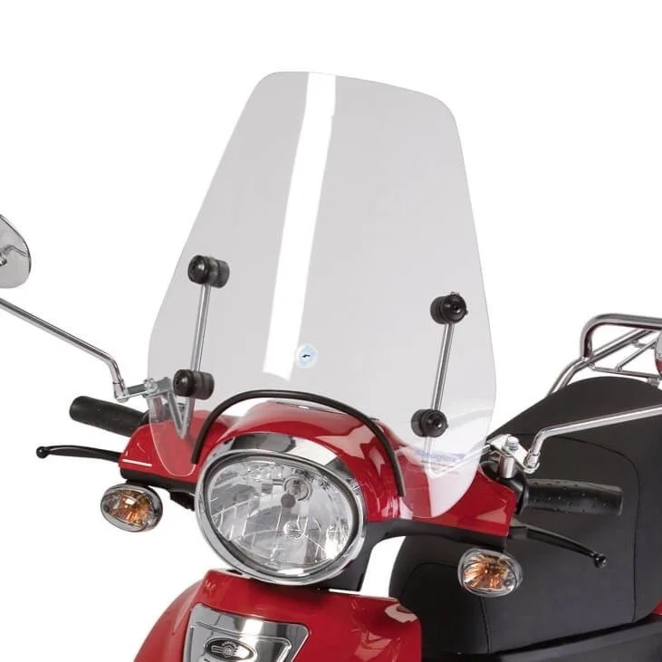 Close-up of a red scooter or motorcycle with a clear windshield and side mirrors.