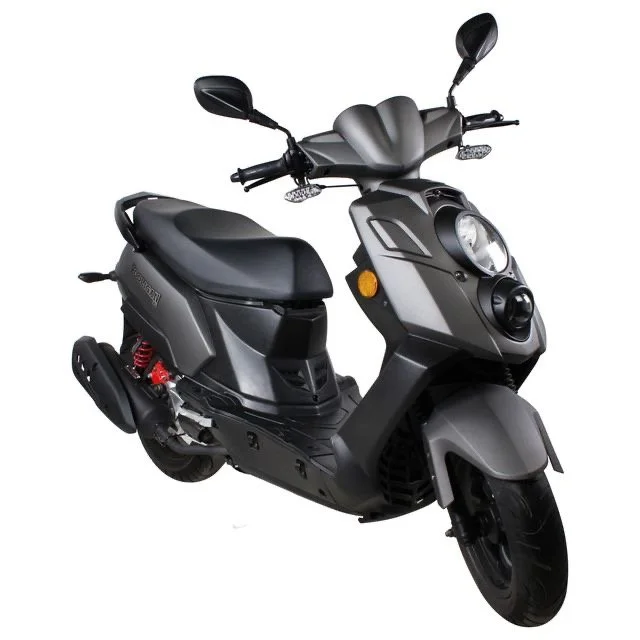 Gray electric scooter with black seat and rear suspension, mounted side mirrors, front headlight, and digital display.