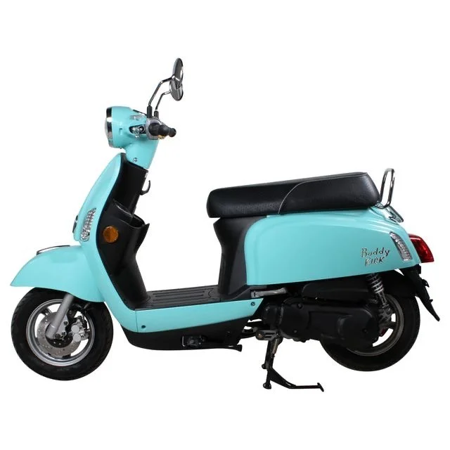 Light blue scooter with black seat and silver handlebars, side stand, against a white background.