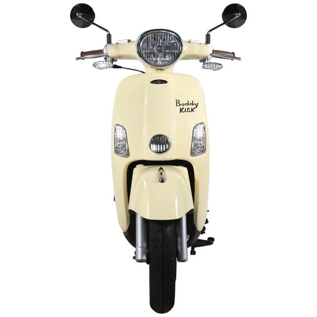 Front view of a cream-colored scooter with a headlight, handlebars, and mirrors, labeled "Buddy Kick."