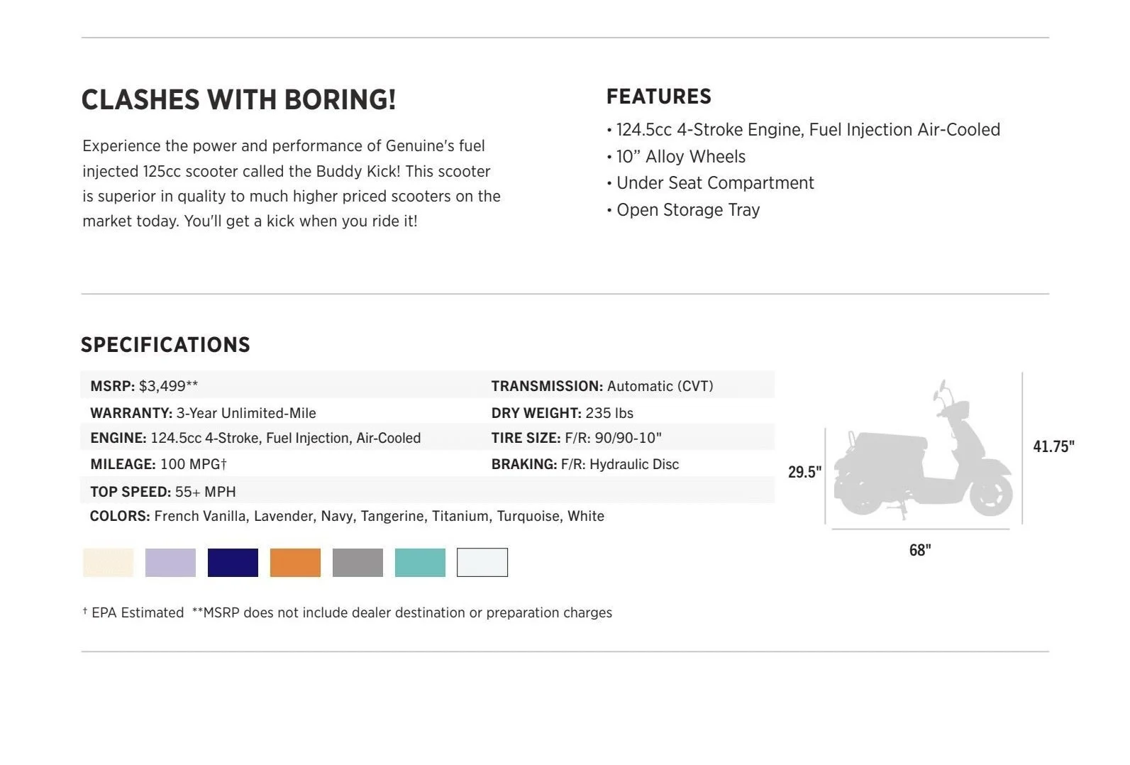 Product specification sheet for a 125cc scooter called the Buddy Kick, featuring the scooter's dimensions, engine details, features like alloy wheels and open storage tray, and color options.