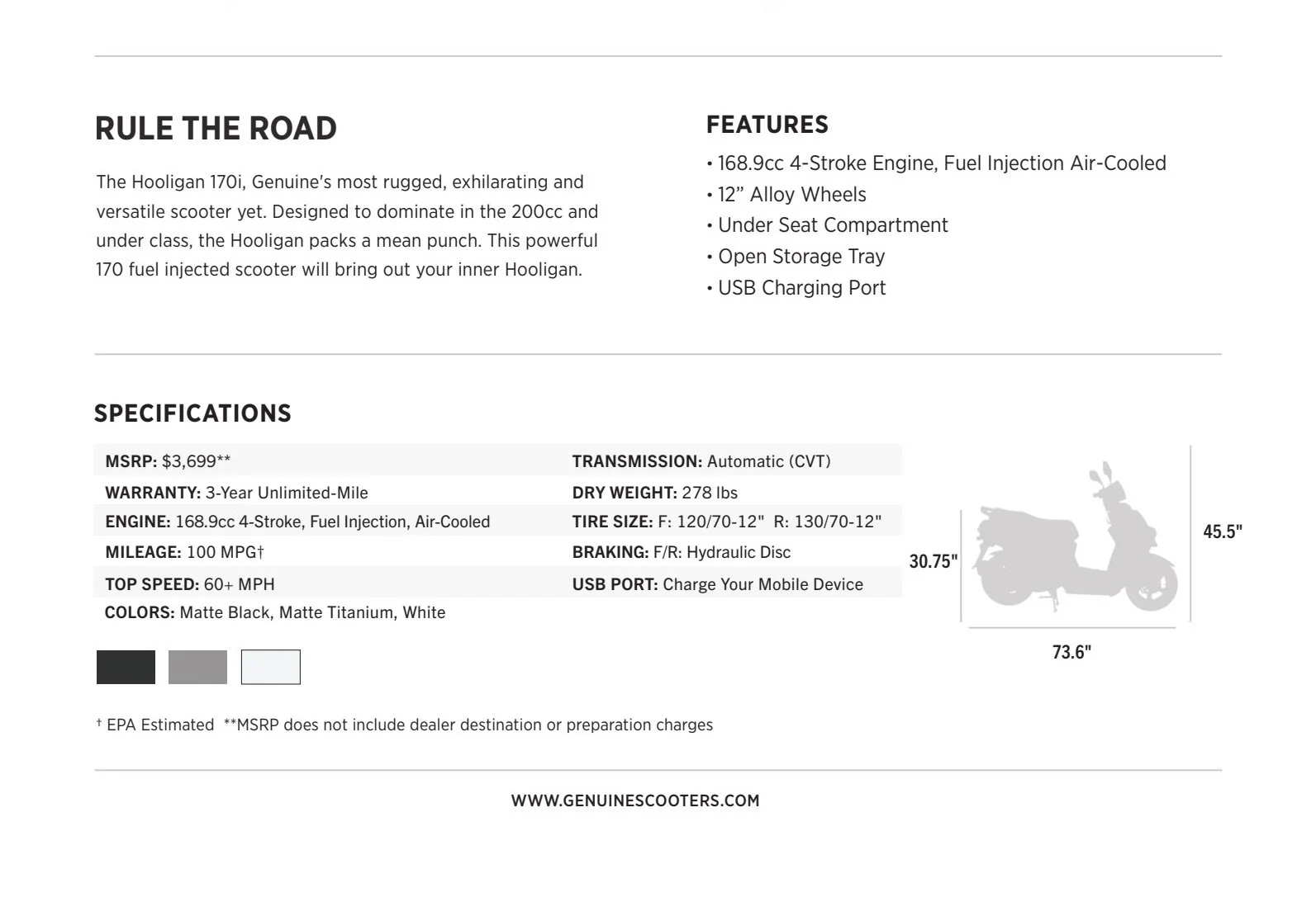 Product specifications and features sheet for the Hooligan 170i electric scooter, including details about engine size, wheels, storage, charger, price, warranty, weight, tires, brakes, and dimensions, with a silhouette of the scooter on the right side.