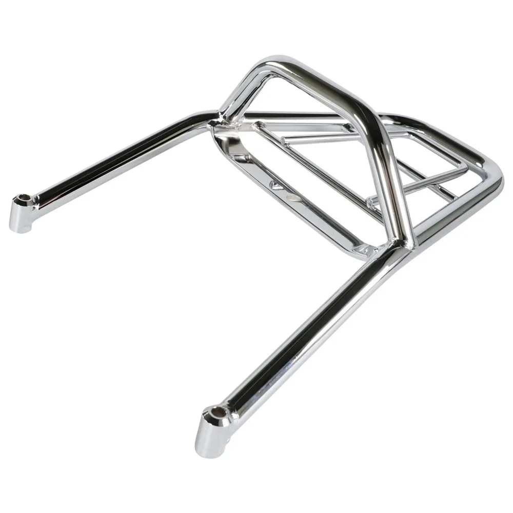 A metal luggage rack with a chrome finish, designed to be placed on top of a suitcase or luggage for additional storage.