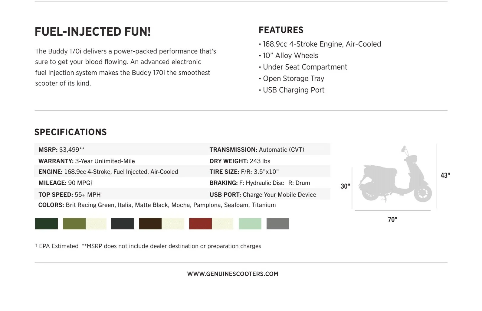 Product specification sheet for a scooter, showcasing features like a 168.9cc engine, 10-inch alloy wheels, open storage tray, USB charging port, and multiple color options, plus a silhouette diagram of the scooter indicating dimensions of 43 inches height, 70 inches length, and 30 inches width.