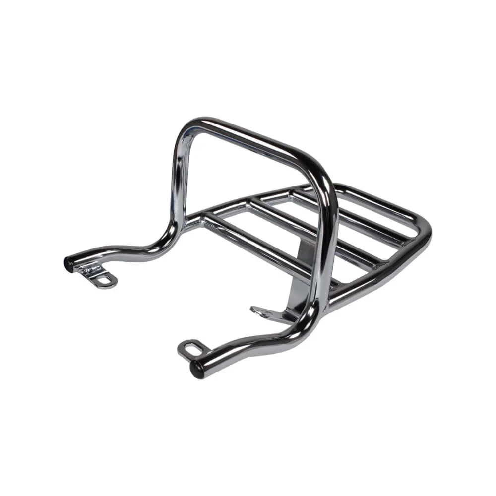Chrome motorcycle luggage rack with mounting brackets on a white background.
