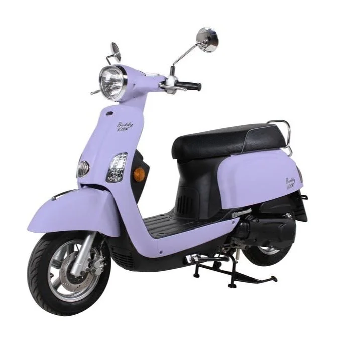 A light purple vintage-style scooter with a black seat and silver handlebars.