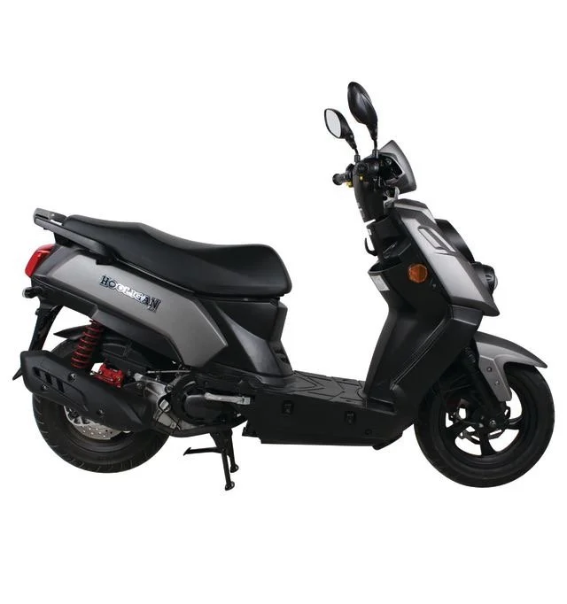 Gray and black scooter with the word 'Hoodlum' on its side, black seat, mirrors, and a small windscreen.