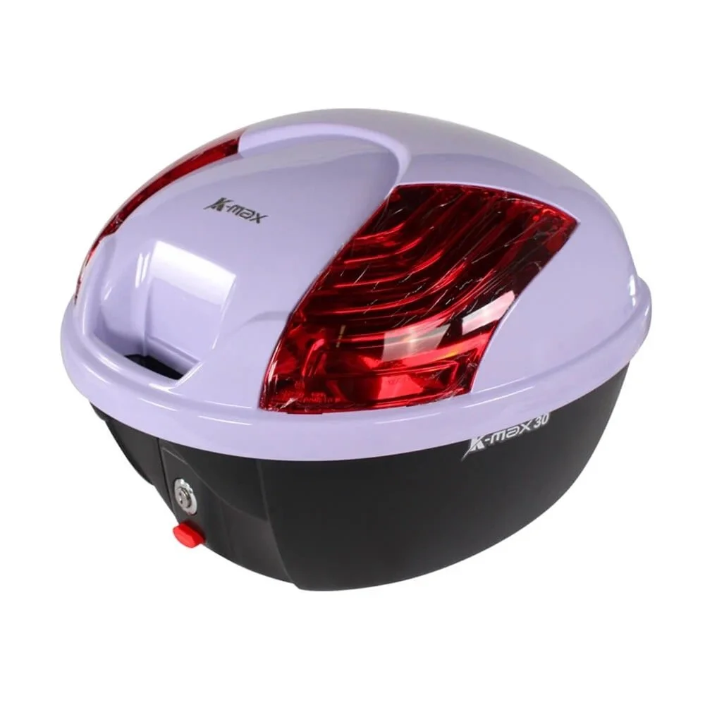 A motorcycle top case with a white lid, red taillights, and a black base, labeled 'X-max' and 'X-max 30'.