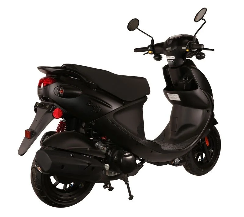 Black scooter with a single seat, rearview mirrors, and red suspension spring, isolated on white background.