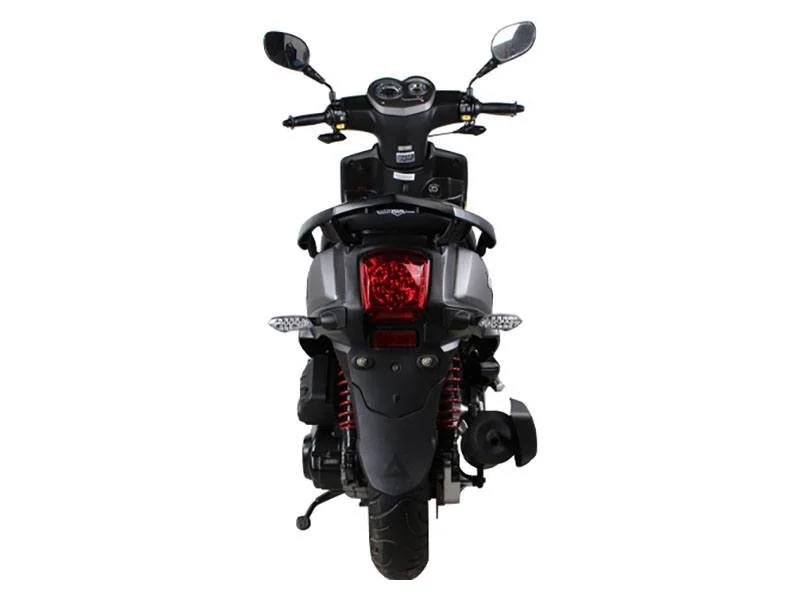 Front view of a black and gray electric motorcycle with rearview mirrors and red suspension springs.