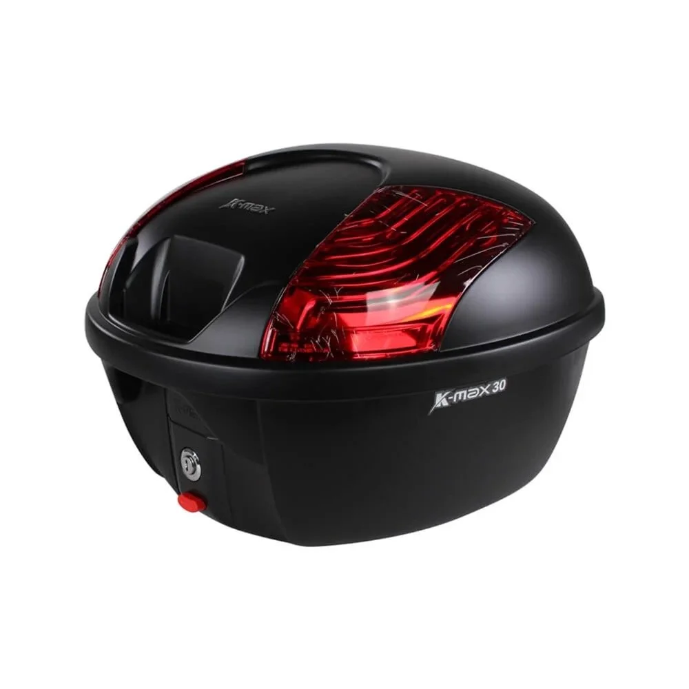 Motorcycle top case with red tail light, black body, and locking mechanism.