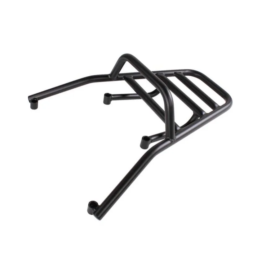 Black metal luggage rack with a flat top and angled legs for a bicycle
