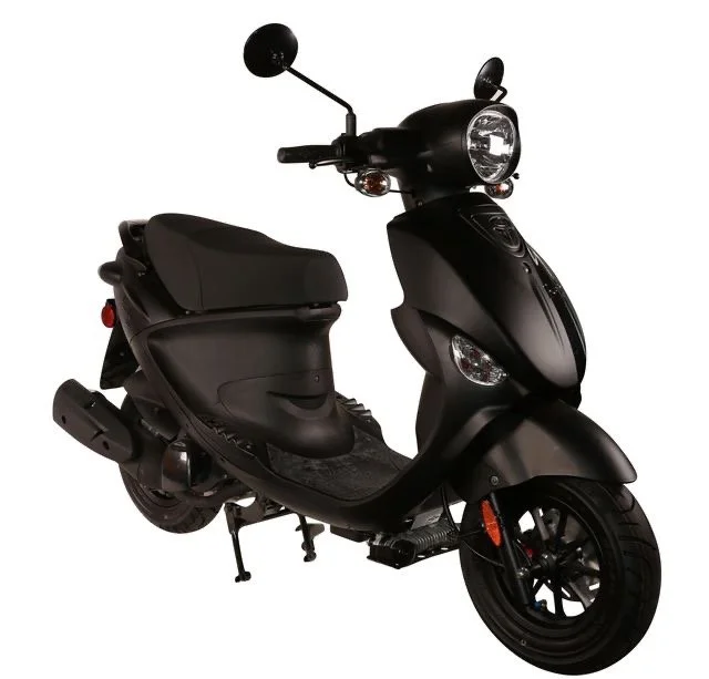 Black scooter with a rounded headlight, mirrors, and a cushioned seat, shown against a white background.