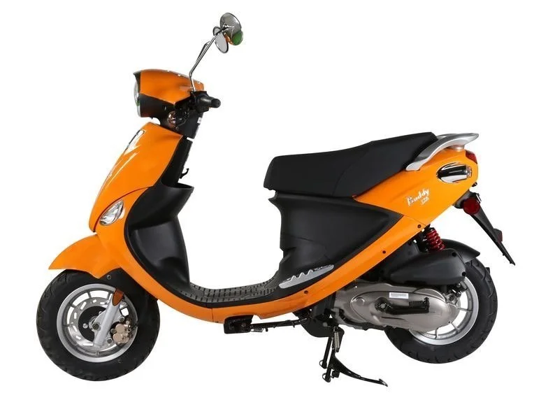 Orange and black scooter with a black seat and rear suspension.