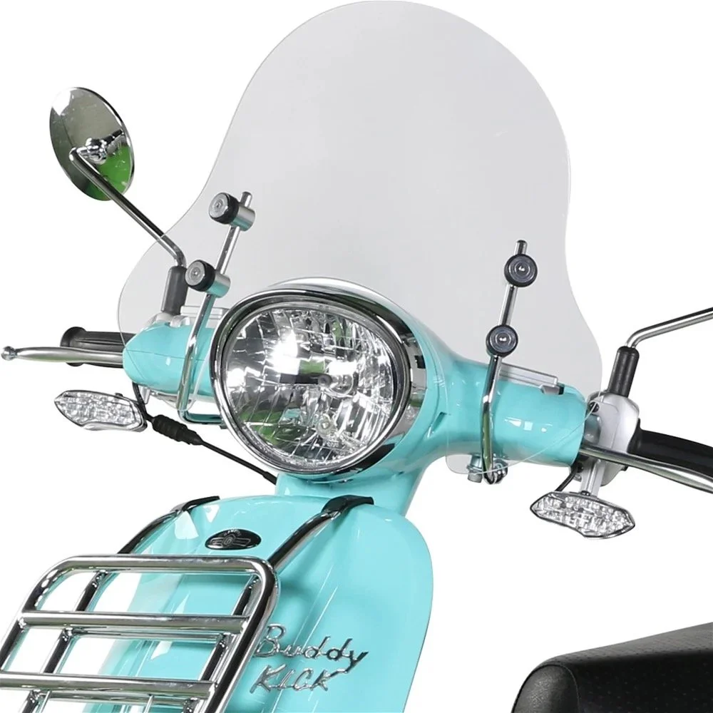 Front view of a light blue vintage-style scooter with a large windshield, chrome accents, and a front cargo rack.