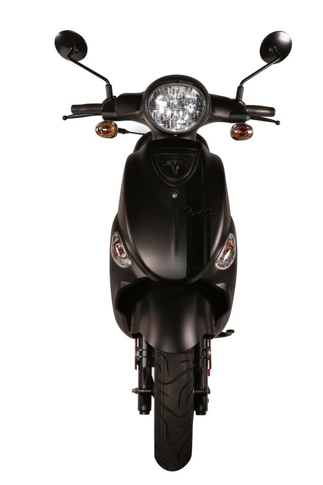 Front view of a black scooter with a large headlight and side mirrors.
