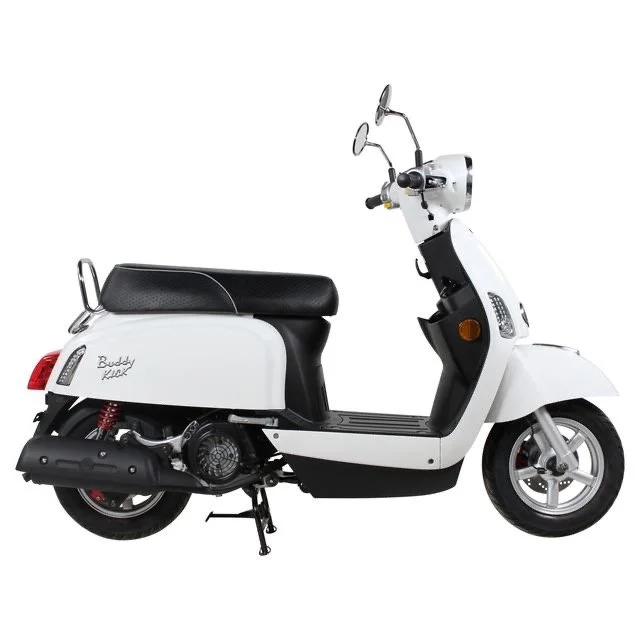 White scooter with black seat and tires, rearview mirrors, and orange front reflector.