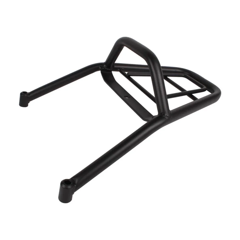 A black metal bicycle rear rack with two side support bars and mounting brackets.