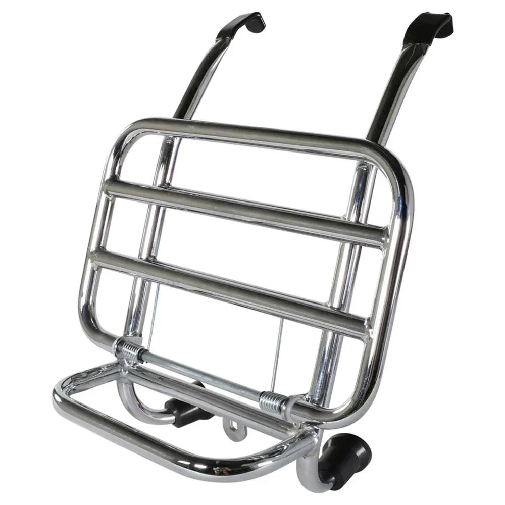 A metal luggage cart with black handles and wheels, used for transporting suitcases and baggage.