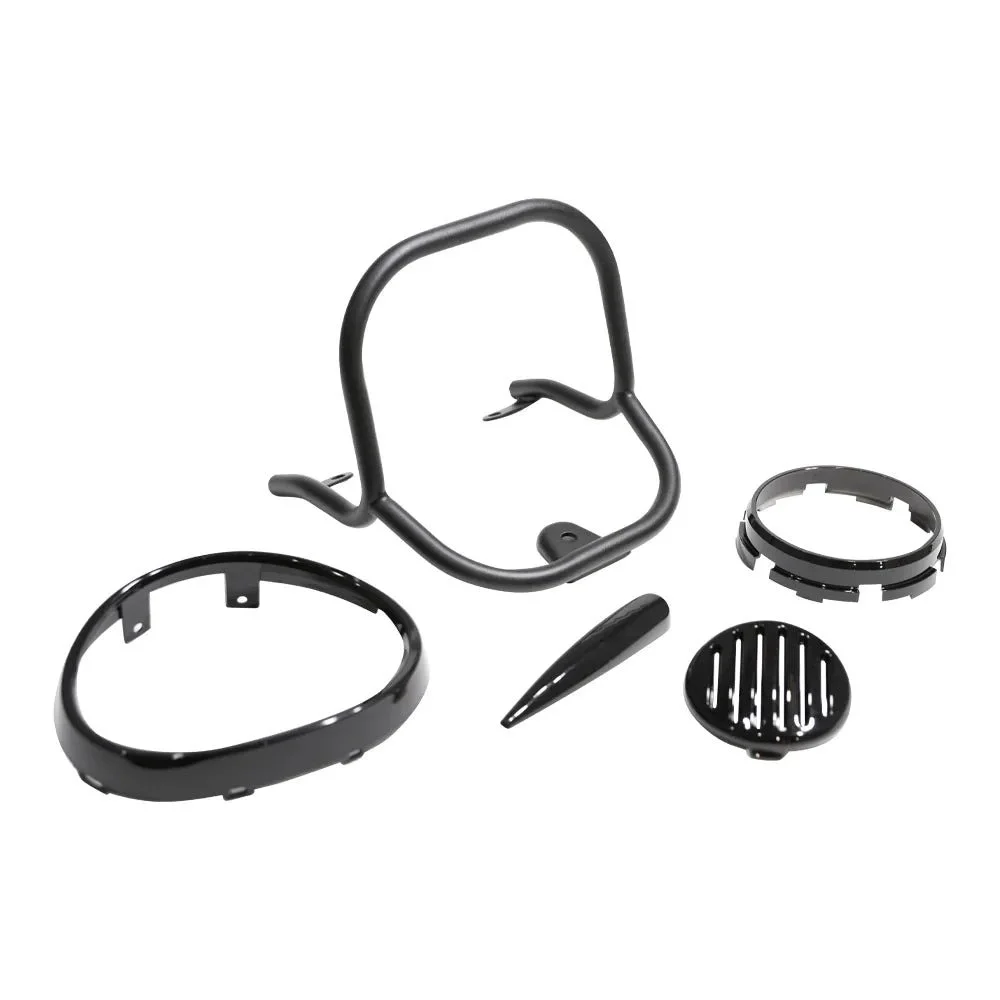 Set of black plastic and metal parts, possibly for assembling or repairing a device, laid out on a white background.