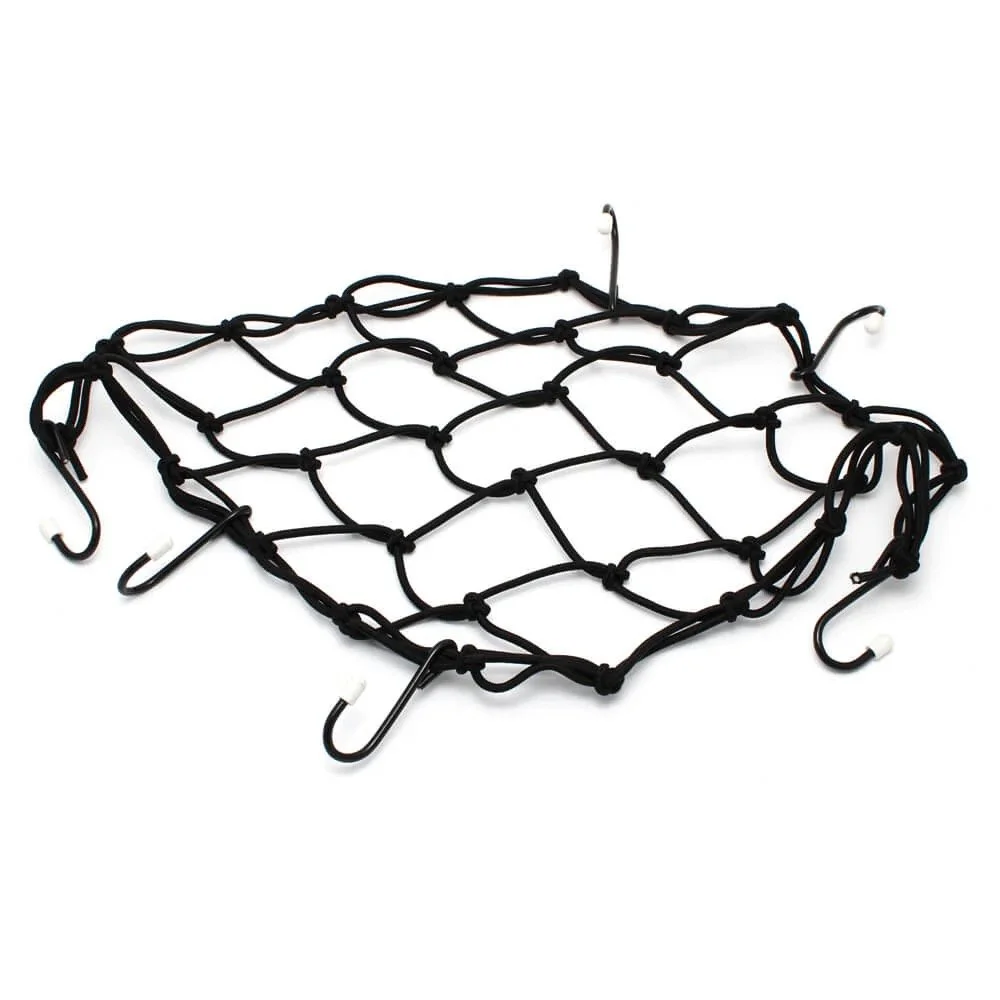 A black metal cargo net with hooks on edges, designed for securing items in vehicles or on bungee cords.
