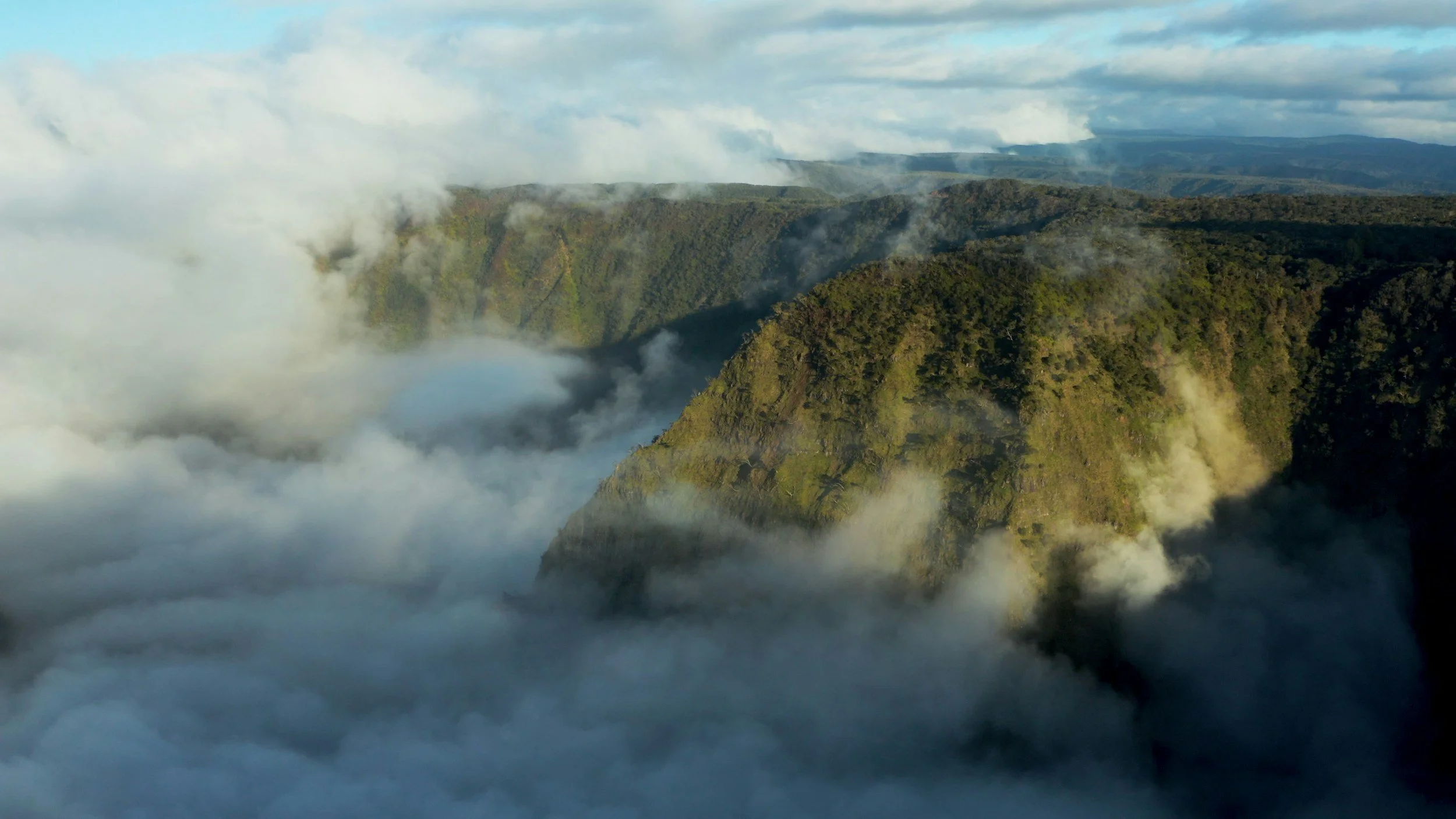 Aerial view of a lush green canyon with mist and clouds surrounding the cliffs, and a blue sky with some clouds above.