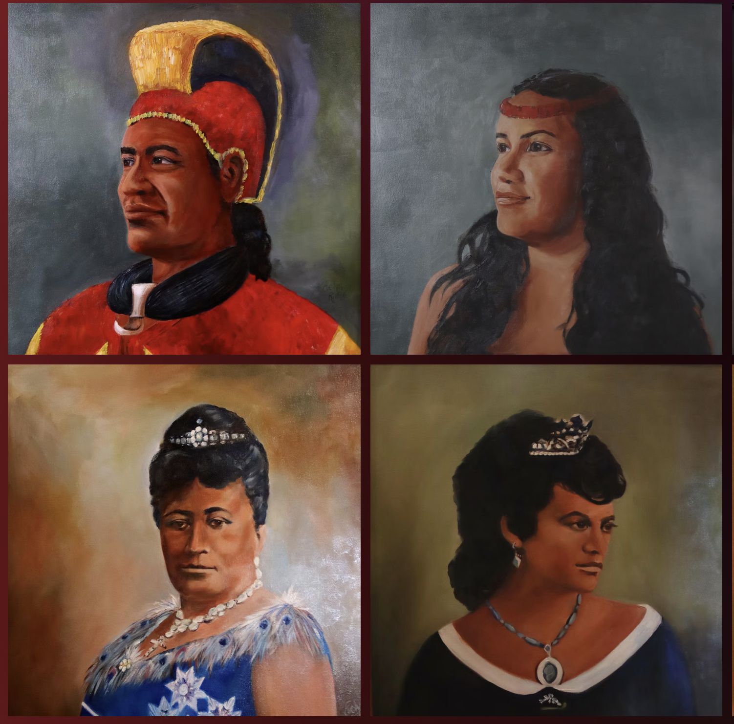 Four painted portraits of women and one man wearing traditional and historic attire.