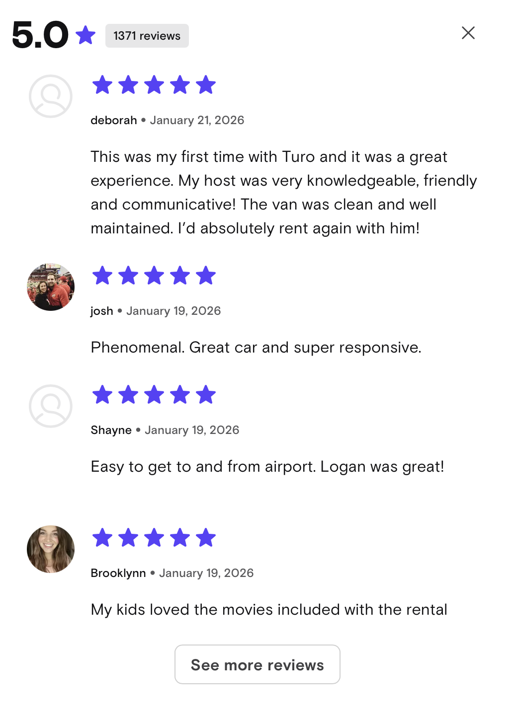 Online reviews and star ratings for a transportation or rental service, including comments about the experience, vehicle condition, responsiveness, and family-friendly features.