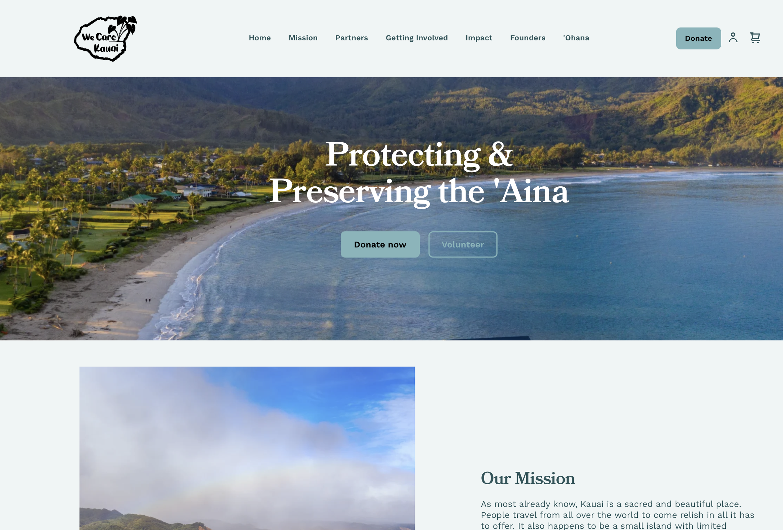 Website homepage for We Care Kauai with a large header image of a coastal area with a beach, palm trees, and green mountains in the background. The text on the page reads 'Protecting & Preserving the 'Aina' with buttons labeled 'Donate now' and 'Volunteer.'