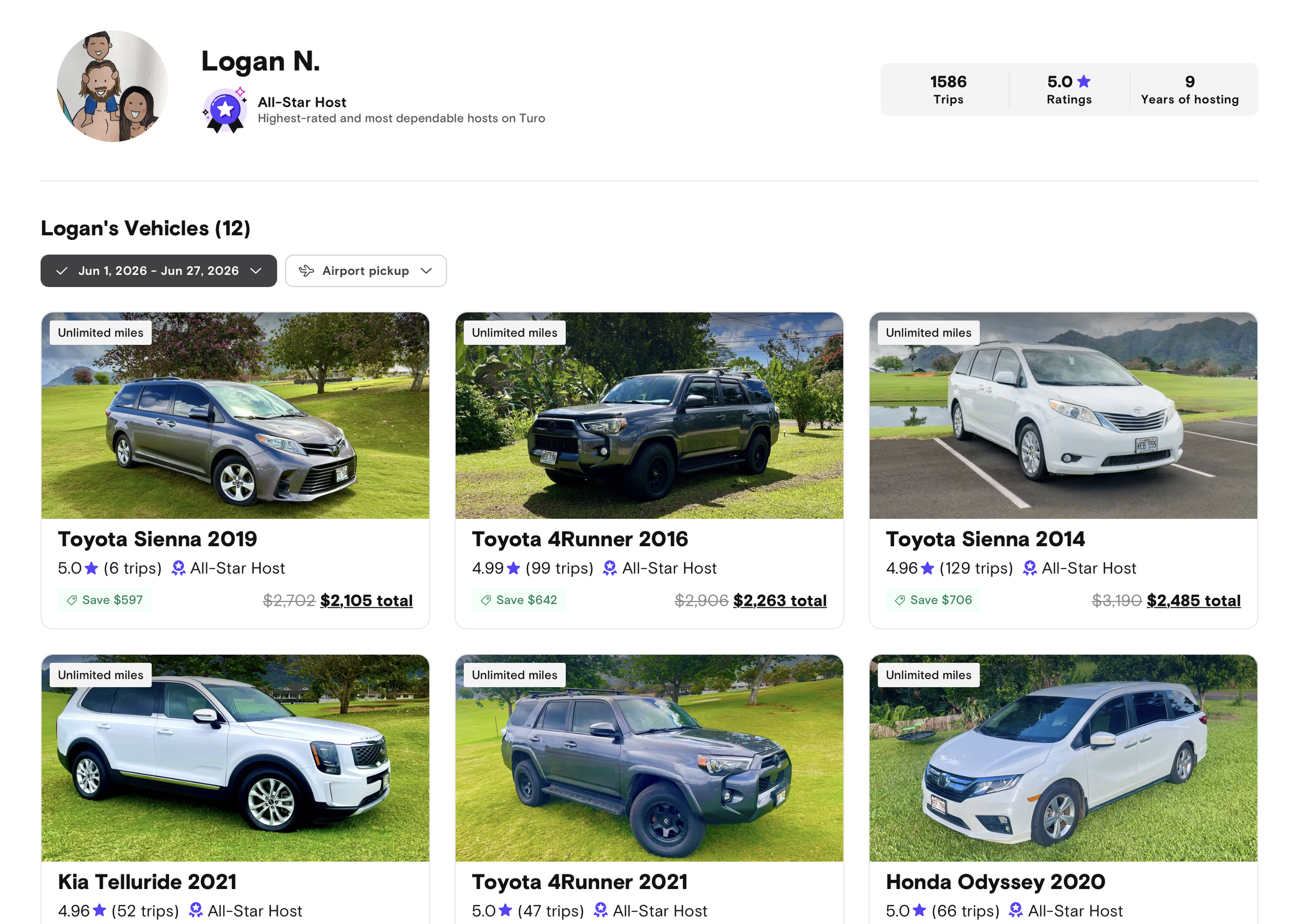 Screenshot of a vehicle rental profile with six Toyota and Kia cars, showing details like make, model, year, trip count, ratings, and total price, with a profile picture of three cartoon people and host ratings.