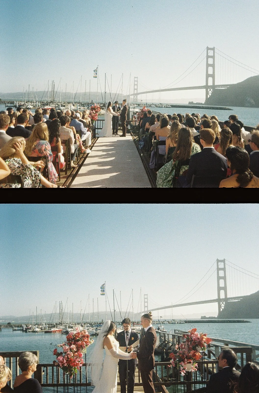 Wedding ceremony taking place outdoors near the San Francisco Bay with the Golden Gate Bridge in the background. The bride and groom exchange vows with guests seated facing them.