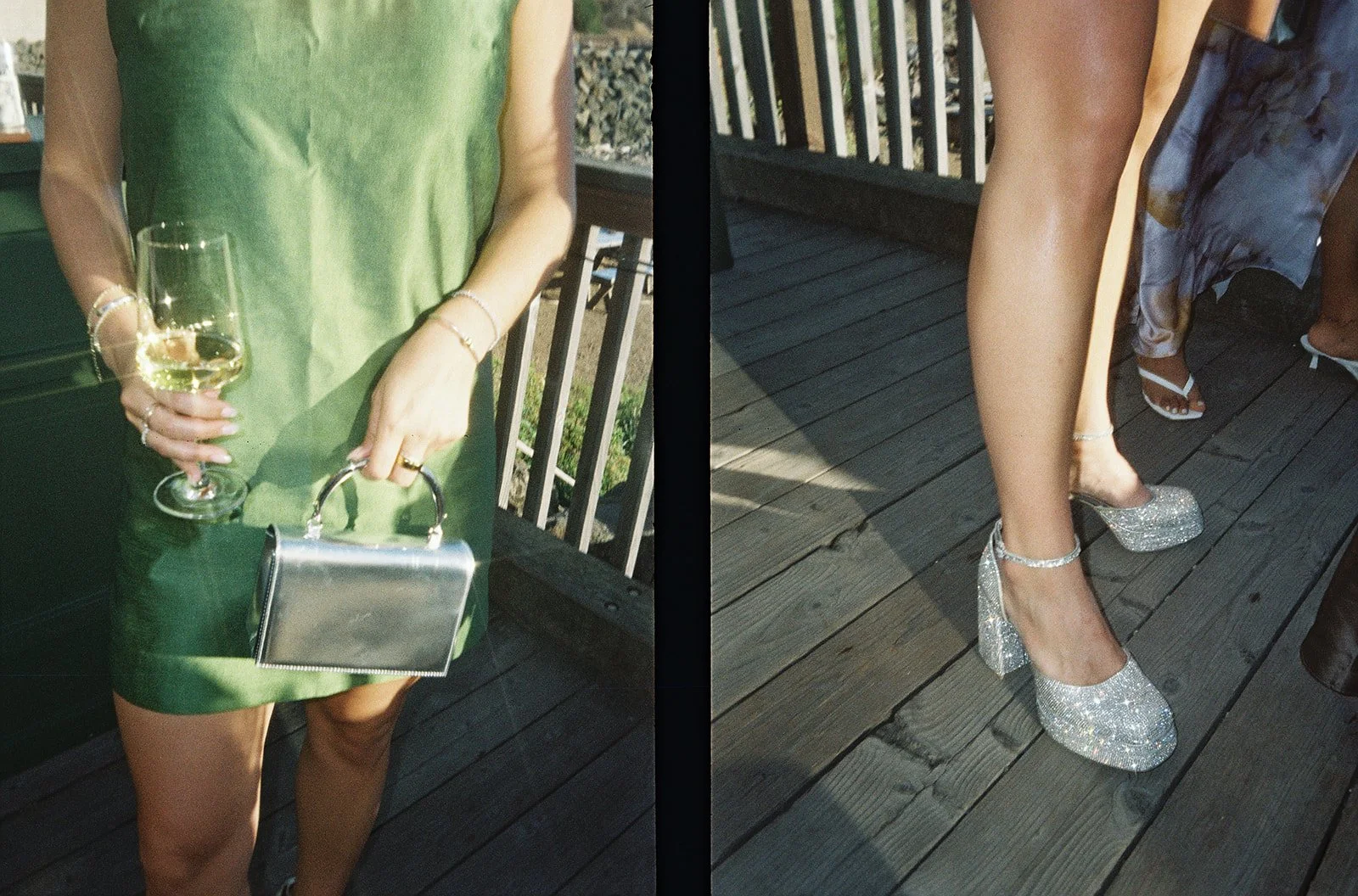Part of a person wearing a green slip dress holding a glass of white wine and a metallic clutch bag; another person wearing sparkly high heels and a floral dress standing on a wooden deck.
