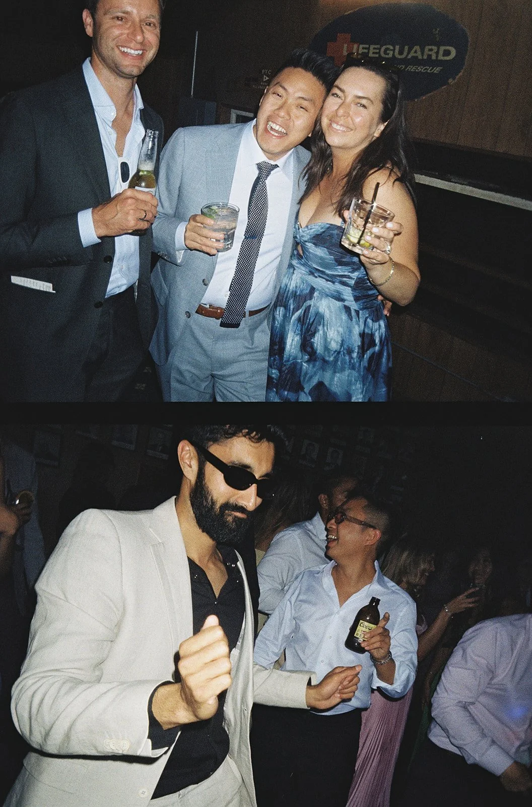 A group of people enjoying a party. The top part shows three people smiling, holding drinks, at a social gathering. The bottom part shows a man wearing sunglasses and a white blazer dancing with a bottle in his hand, with other partygoers in the back