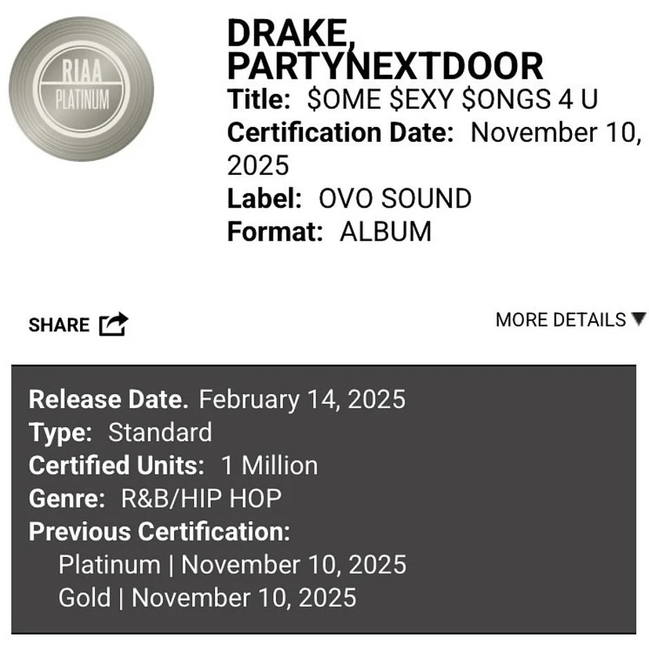 &lsquo;SOME SEXY SONGS 4 U&rsquo; by @partynextdoor &amp; @champagnepapi went platinum 💿

&lsquo;MOTH BALLS&rsquo; co-written &amp; co-produced by Eli Brown