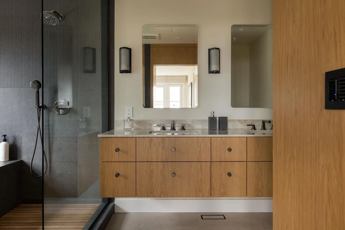 In a home where so much was designed for hosting guests, this ensuite offers a private retreat from it all. 

Interior Design: @madison.gardiner.design 
Builder: @jenkinsconstructionltd 
📷: @dolfvermeulencreative
