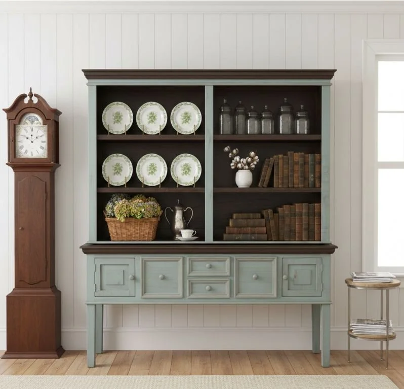 Teal and walnut china cabinet please call for pricing and availability. 