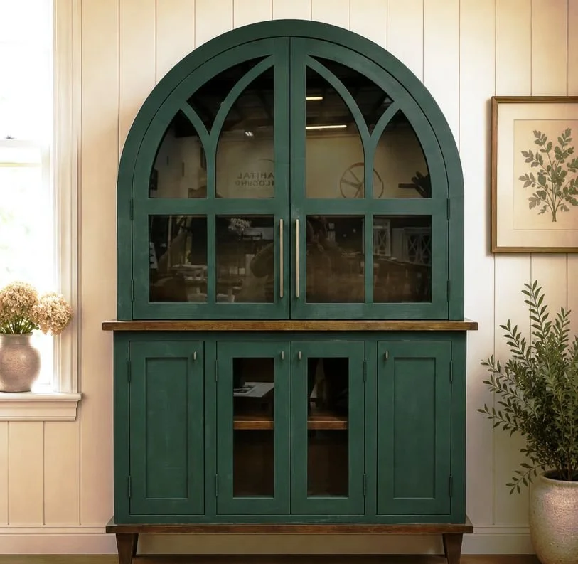 Forest green and walnut China cabinet please call for pricing and availability. 