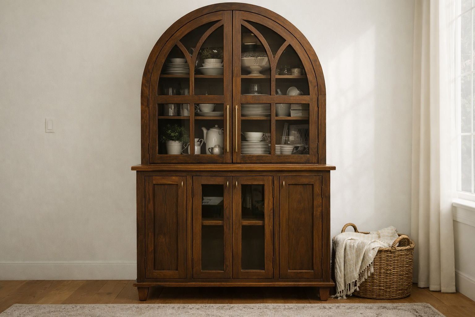 Walnut China cabinet with brass hardware please call for pricing and availability. 