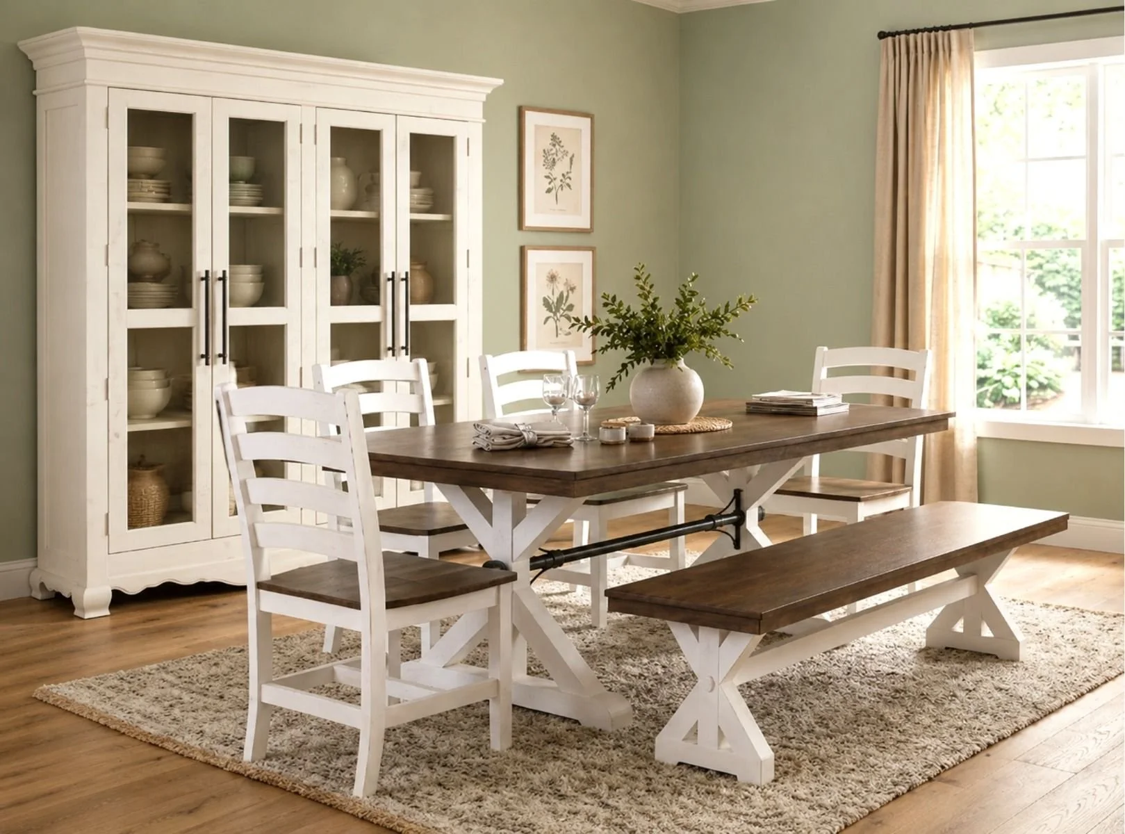 Rustic solid wood white 6ft includes 4 chair and a bench please call for pricing and availability. 