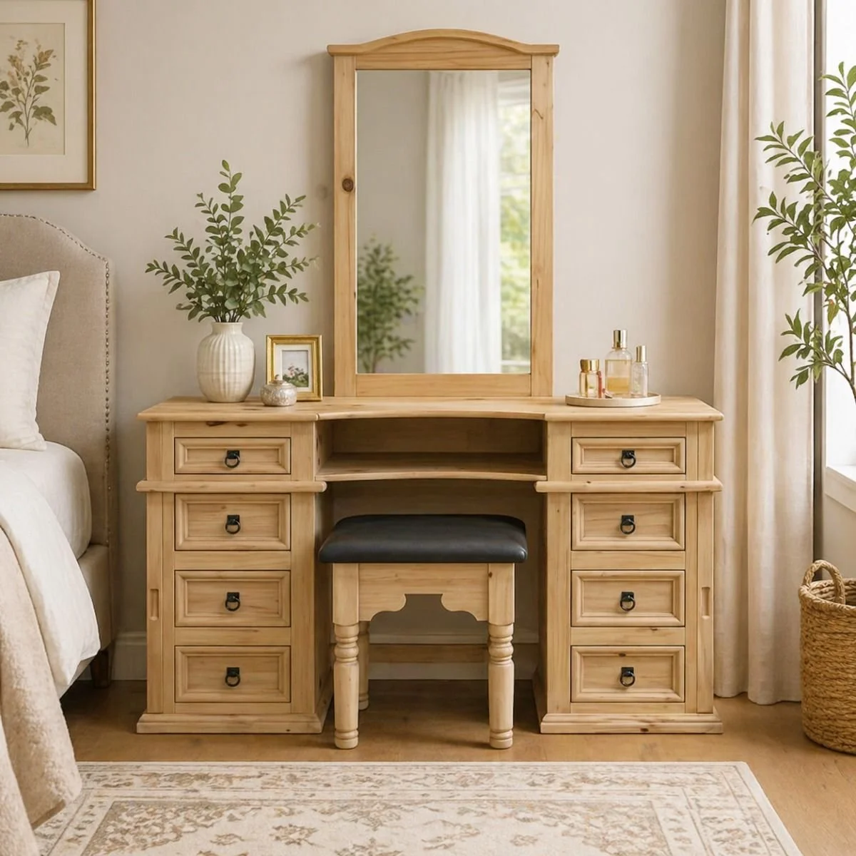 Rustic solid wood vanity with jewelry storage on the sides please call for pricing and availability. 