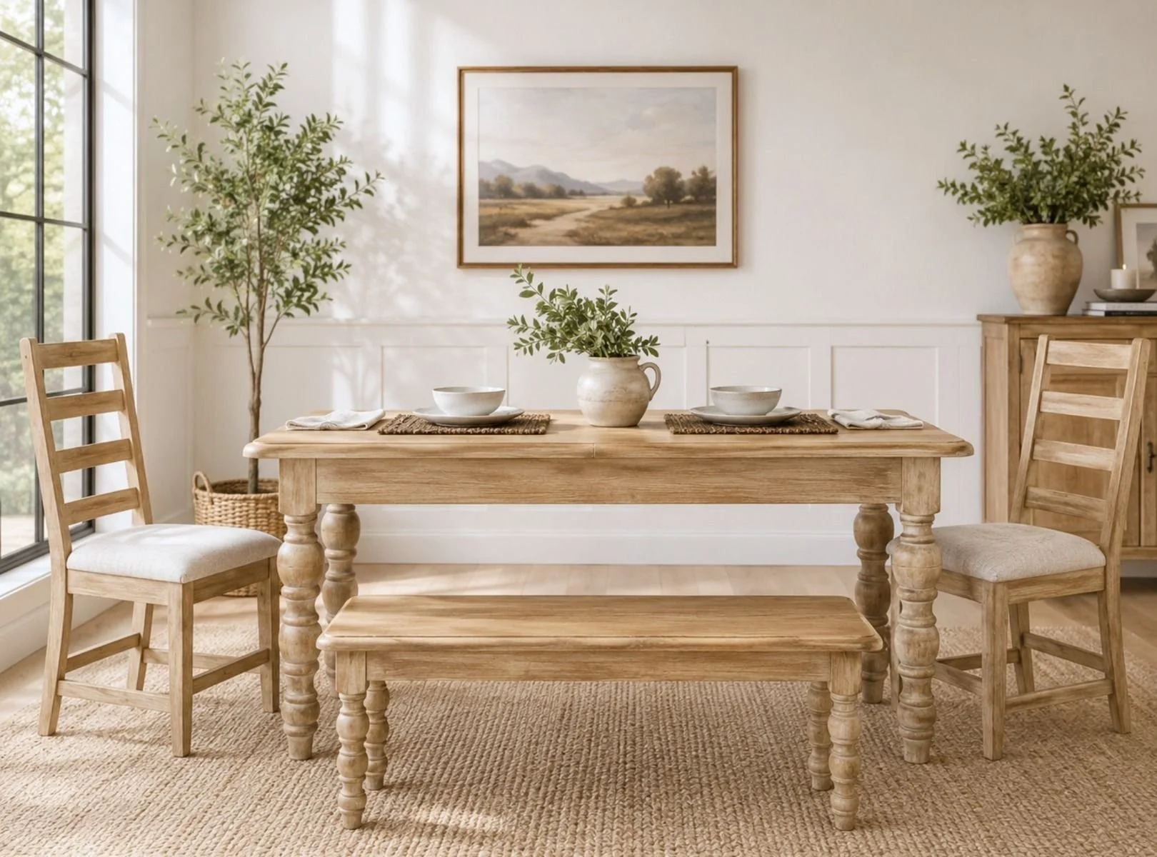 Rustic solid wood barn wood finish 6ft includes 4 chair and a bench please call for pricing and availability. 